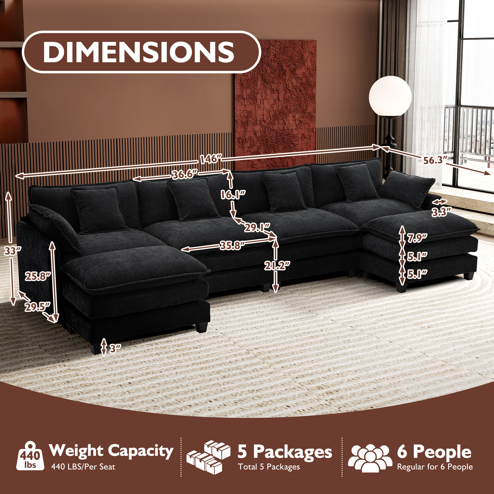 Cloudy 149.2'' Luxury Thickened Cushion Sectional Sofa