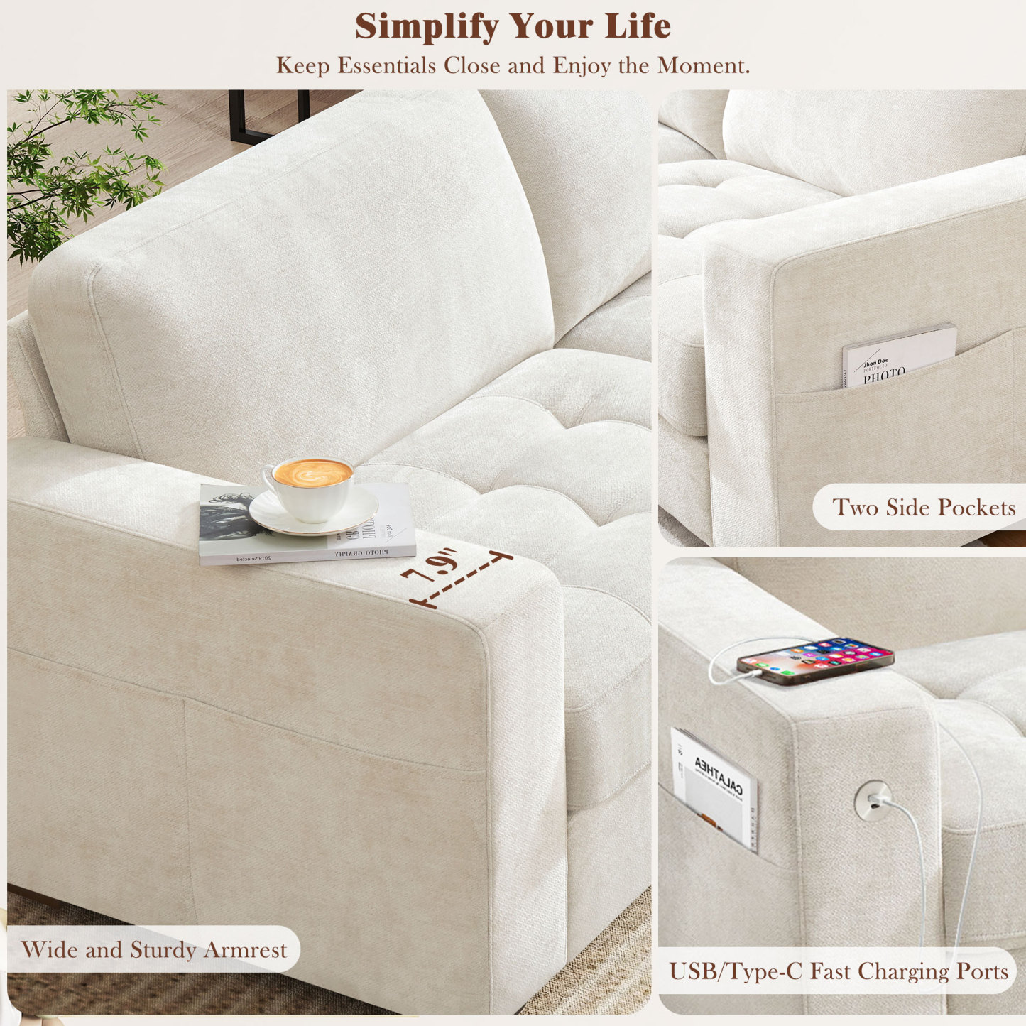Classic 70" & 89" Modern Sofa with USB Charging