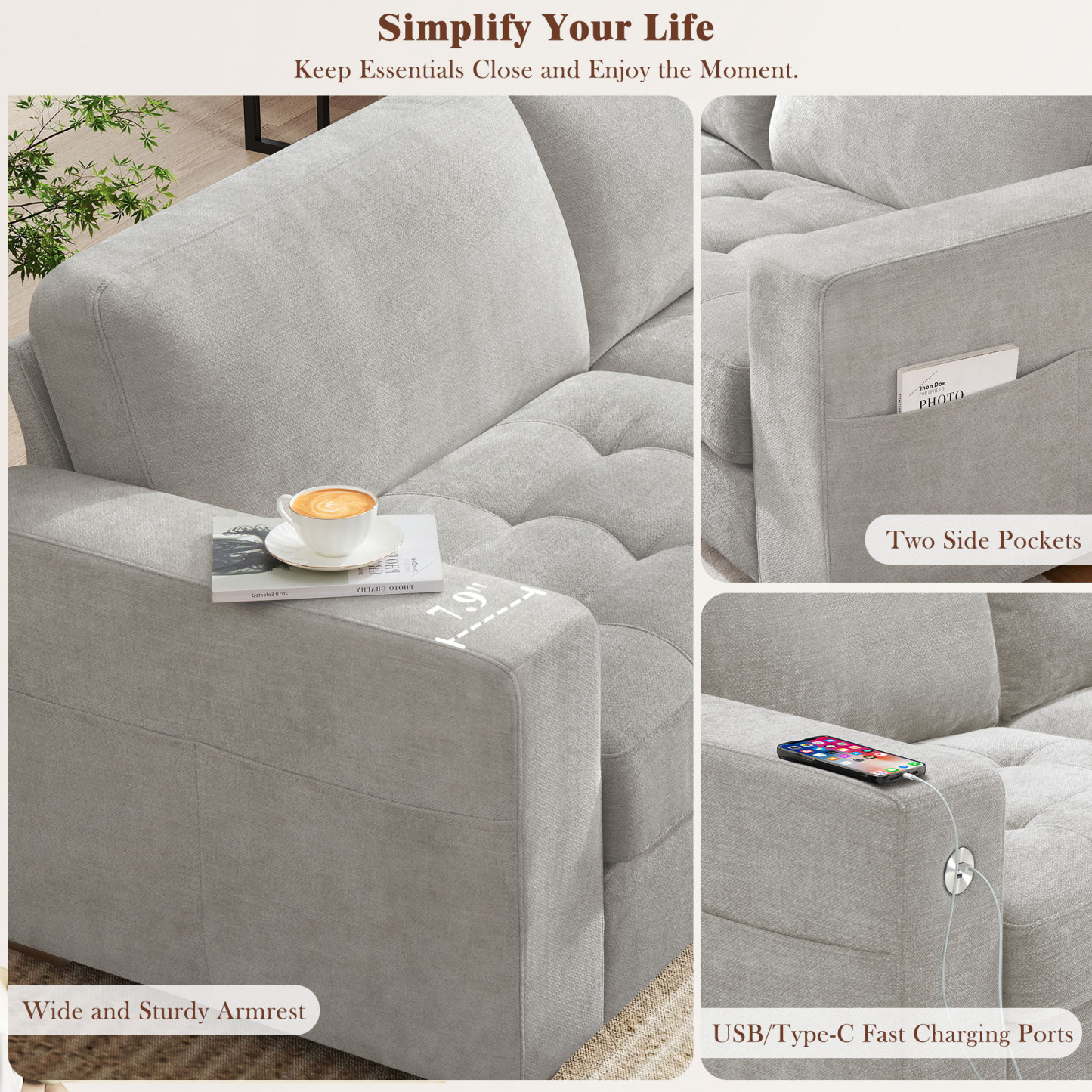Classic 70" & 89" Modern Sofa with USB Charging