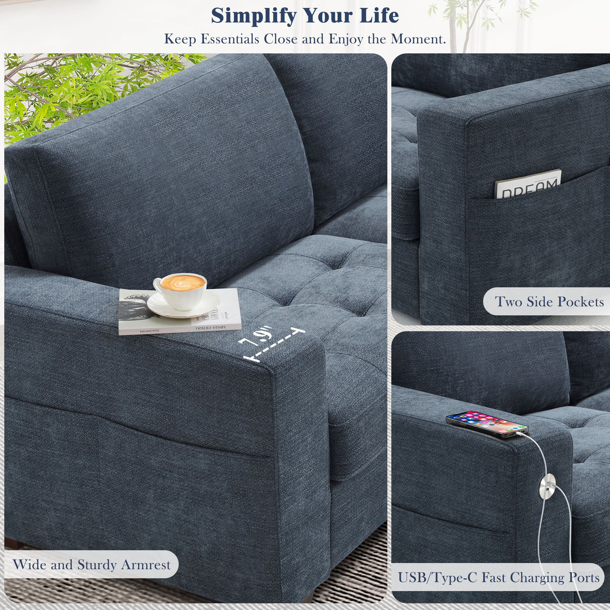 Classic 70" & 89" Modern Sofa with USB Charging 