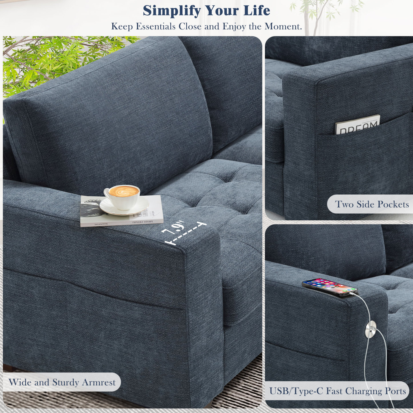 Classic 70" & 89" Modern Sofa with USB Charging