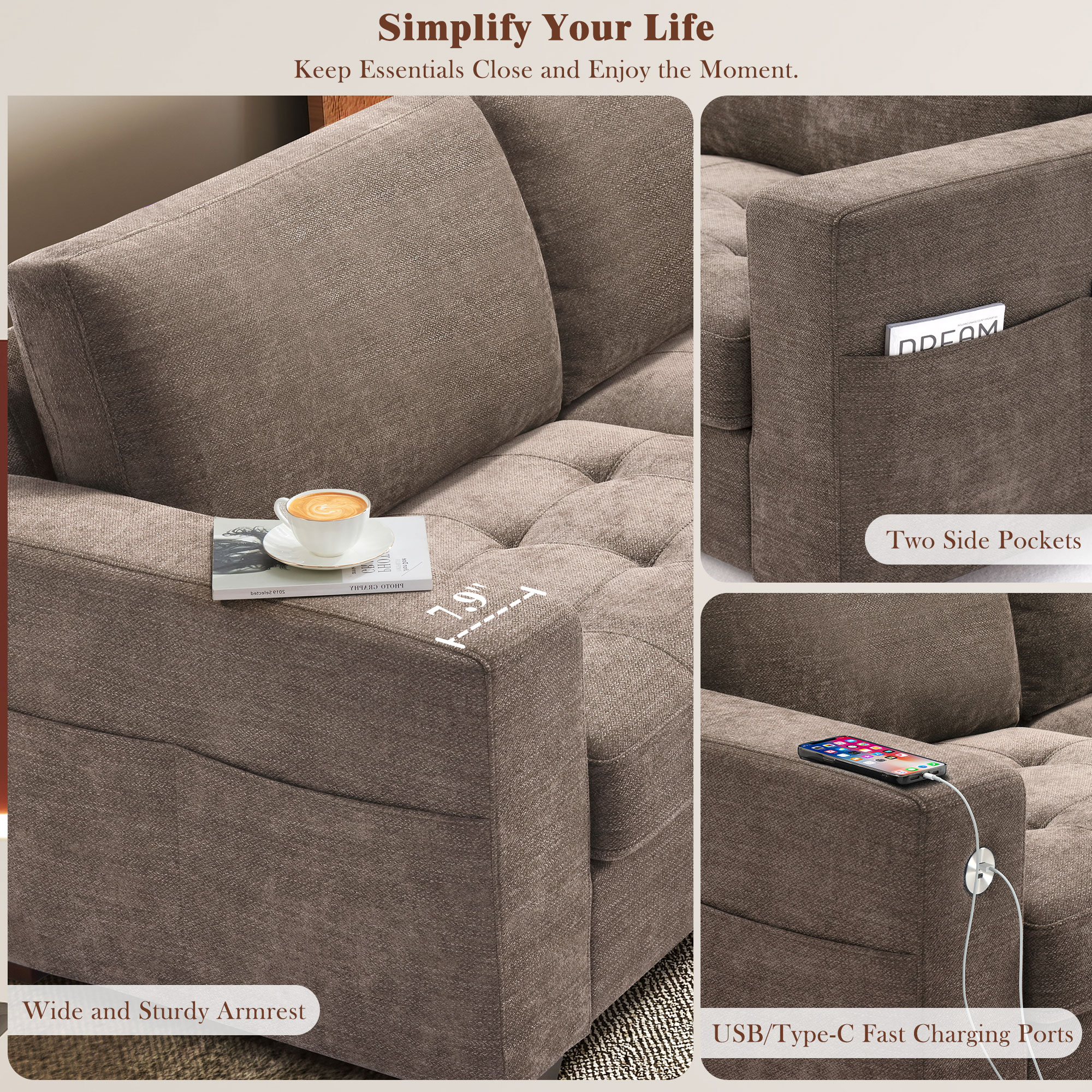 Classic 70" & 89" Modern Sofa with USB Charging 