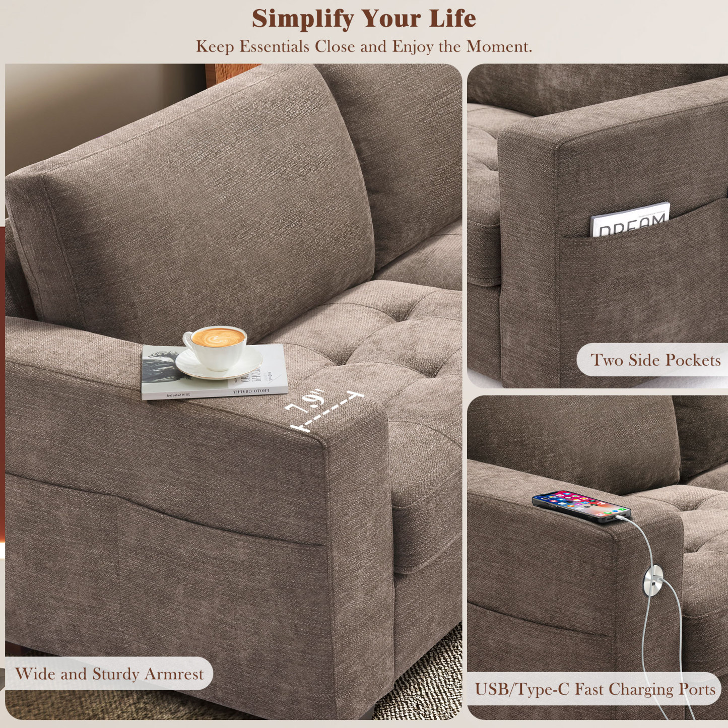 Classic 70" & 89" Modern Sofa with USB Charging