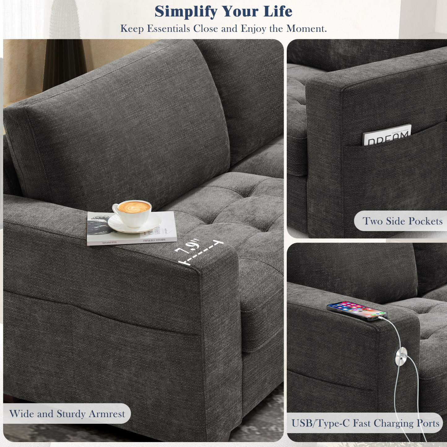 Classic 70" & 89" Modern Sofa with USB Charging