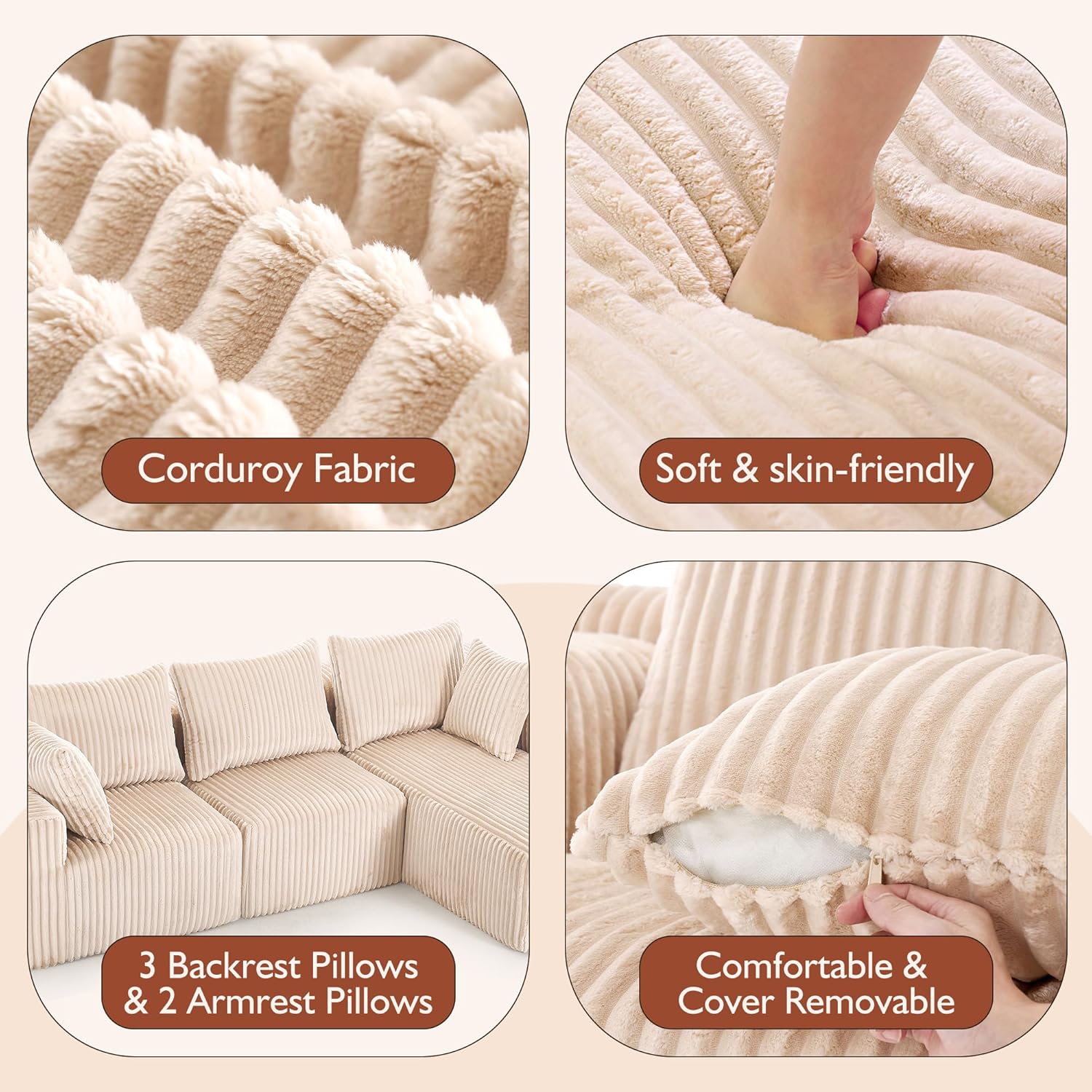 InstaPuff 102" Plush Corduroy free-installation sofa with Chaise