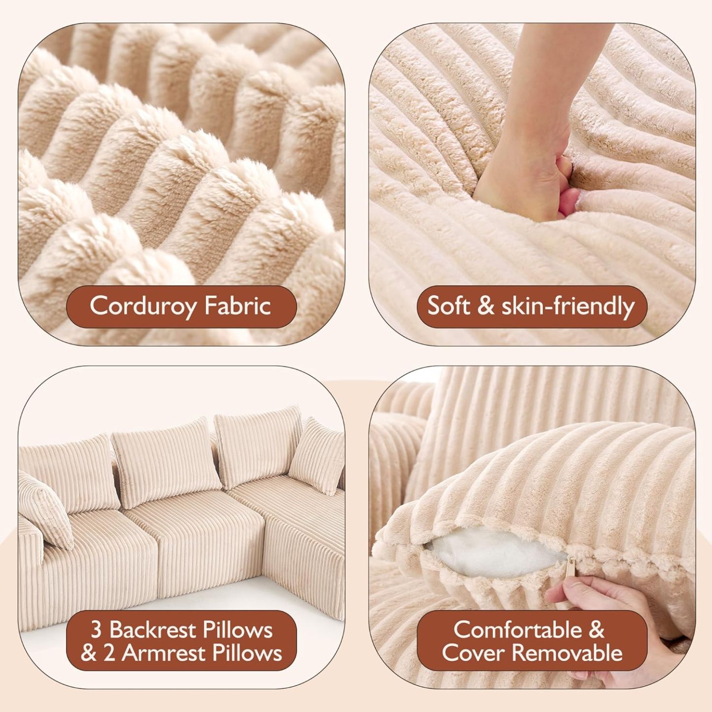InstaPuff 102" Plush Corduroy free-installation sofa with Chaise