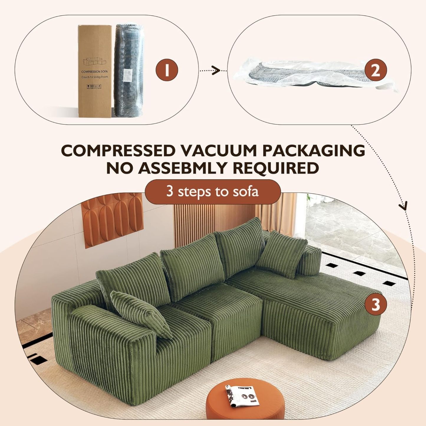 InstaPuff 102" Plush Corduroy free-installation sofa with Chaise