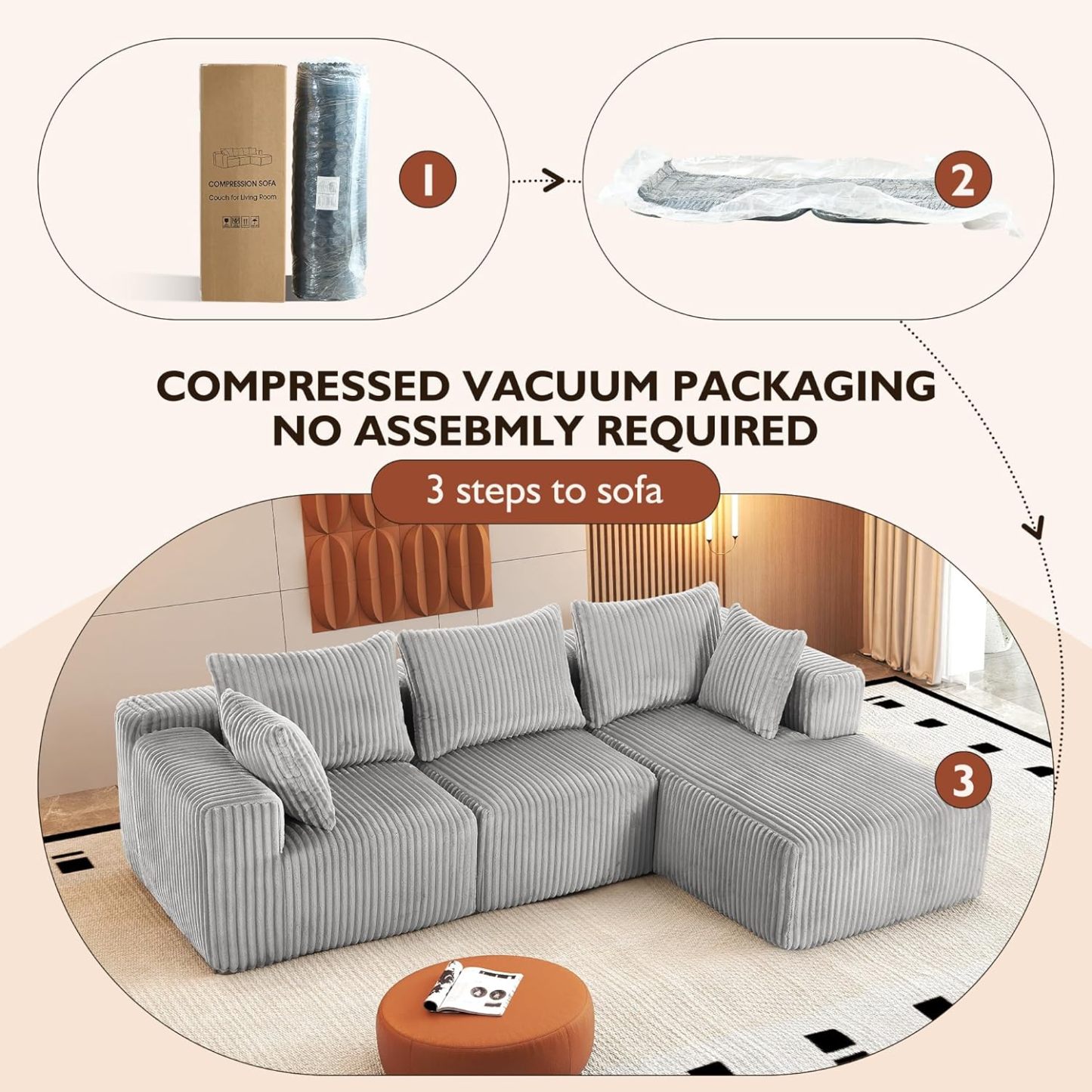 InstaPuff 102" Plush Corduroy free-installation sofa with Chaise