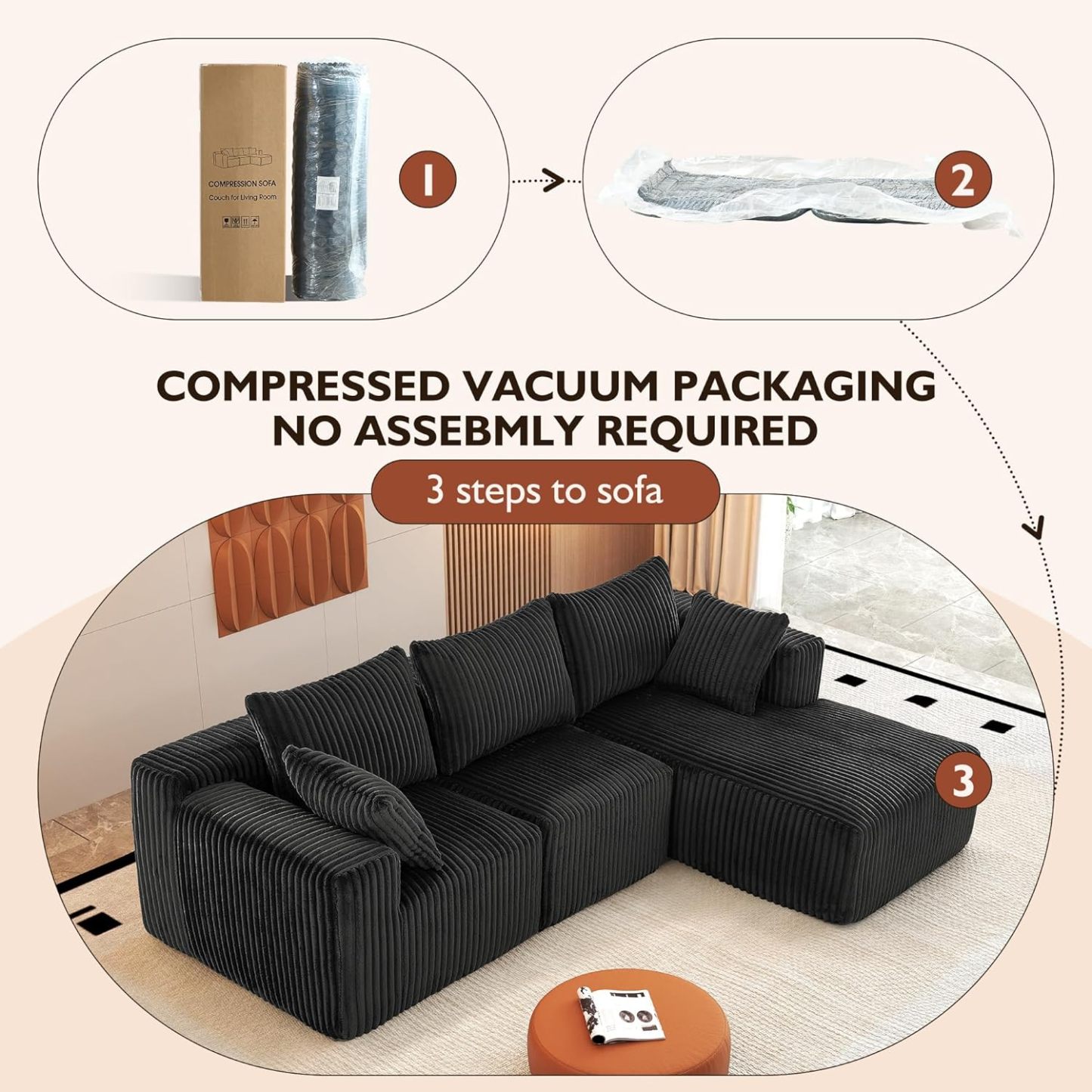 InstaPuff 102" Plush Corduroy free-installation sofa with Chaise