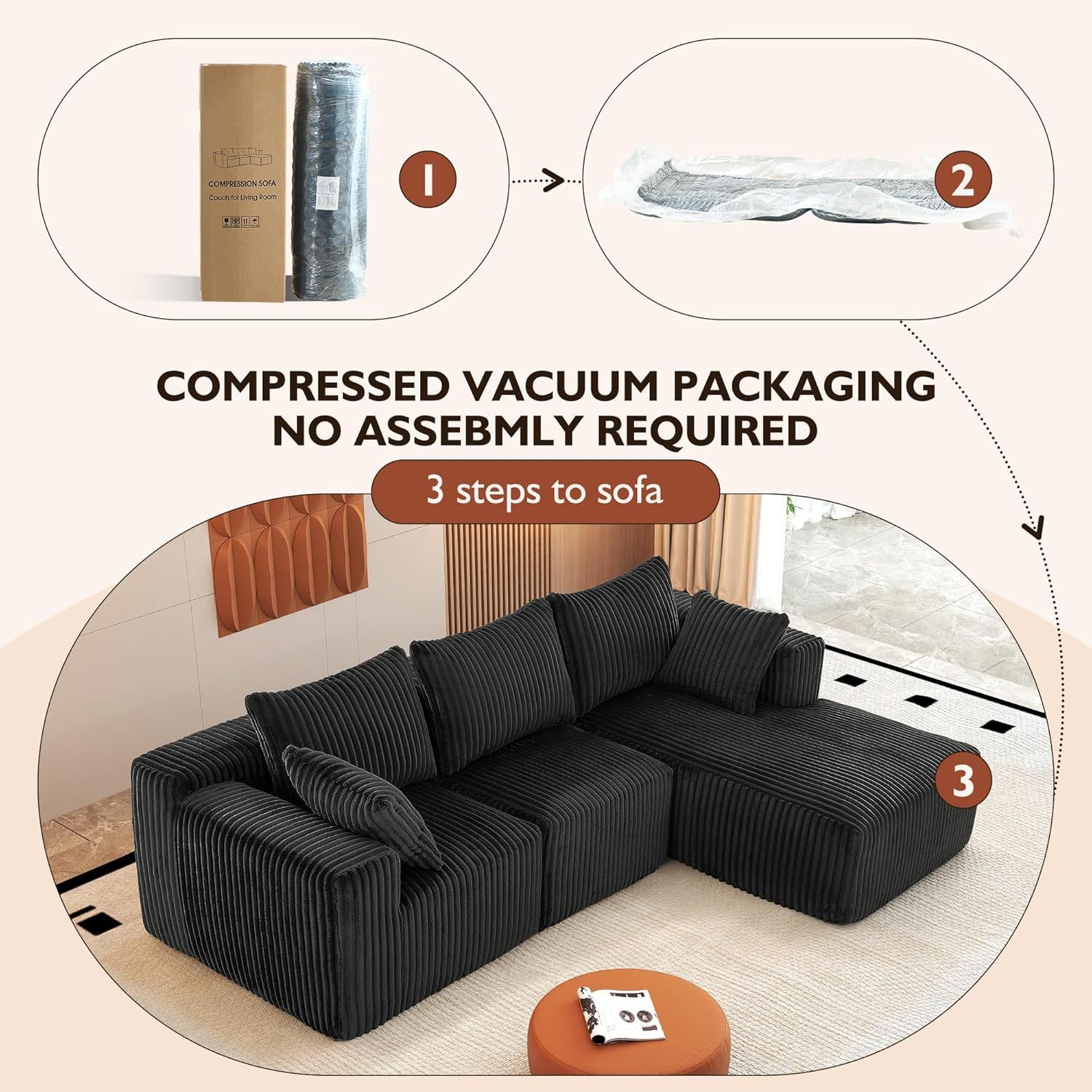 InstaPuff 102" Plush Corduroy free-installation sofa with Chaise
