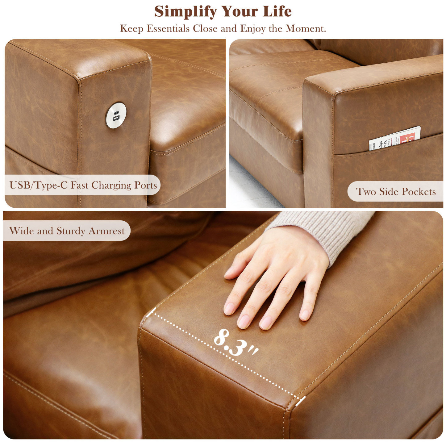 Classic 70" & 89" Modern Sofa with USB Charging