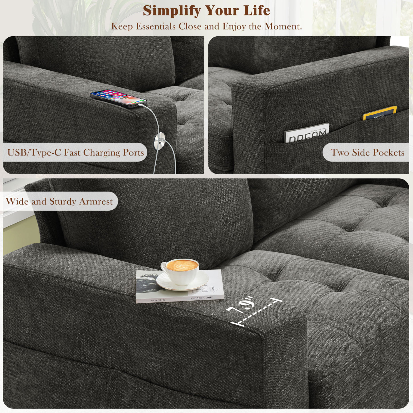 Classic 70" & 89" Modern Sofa with USB Charging