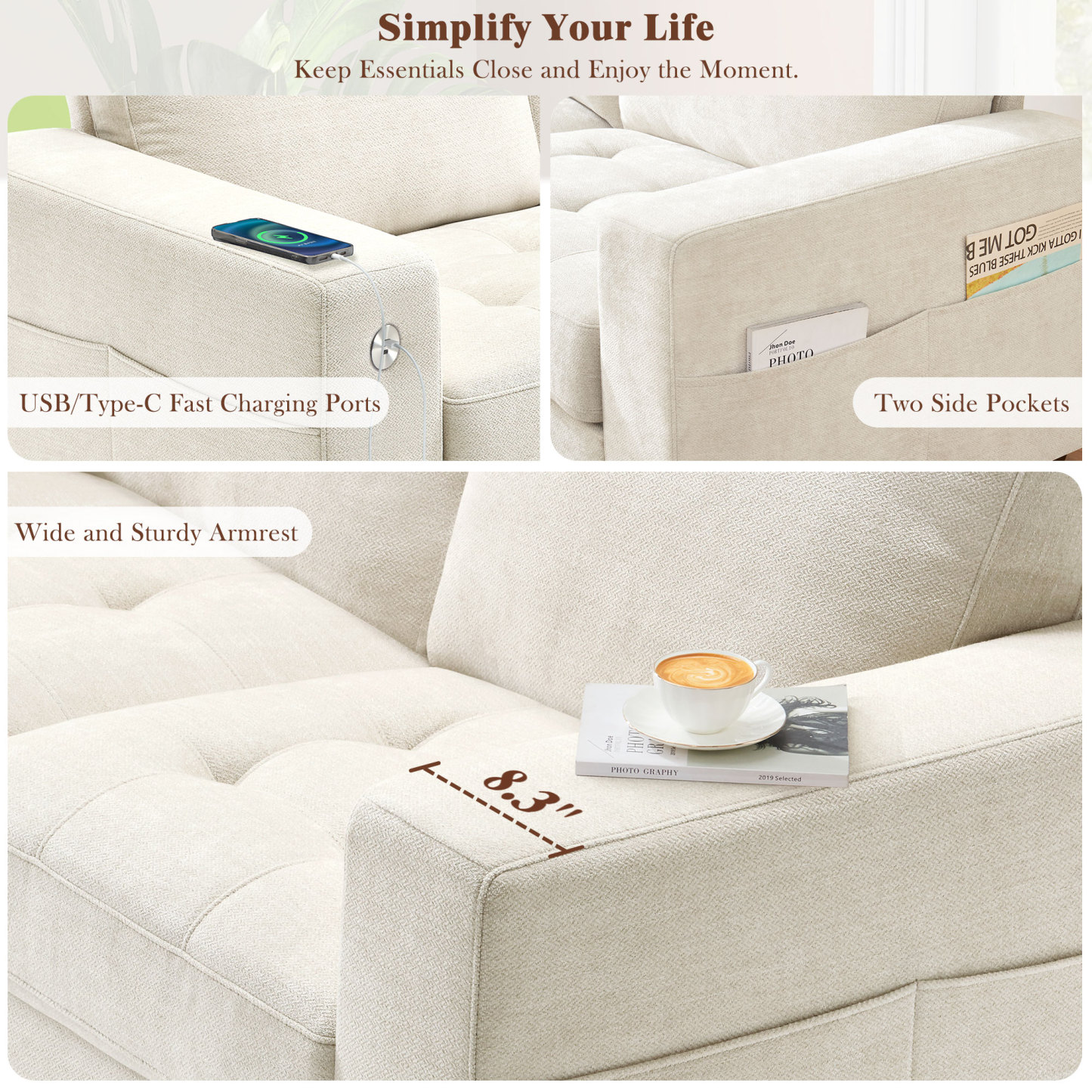 Classic 70" & 89" Modern Sofa with USB Charging