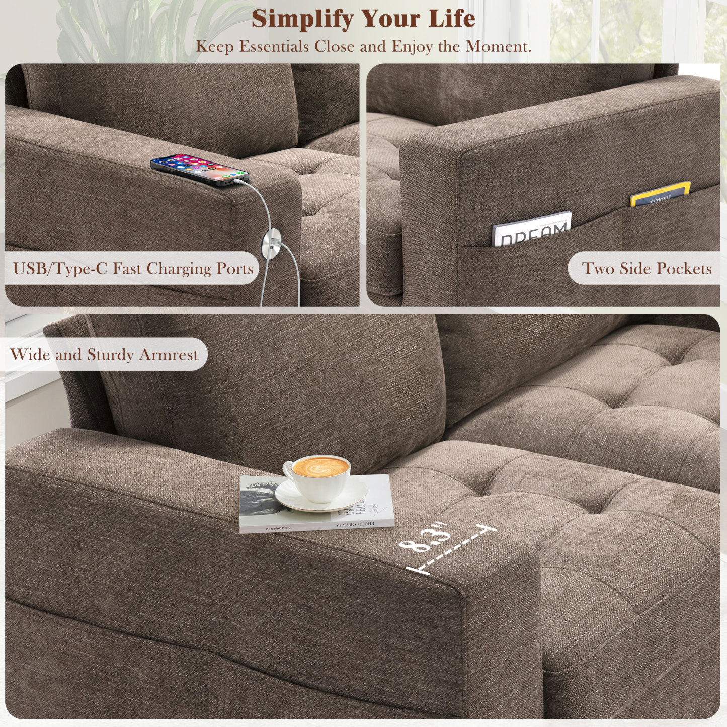 Classic 70" & 89" Modern Sofa with USB Charging