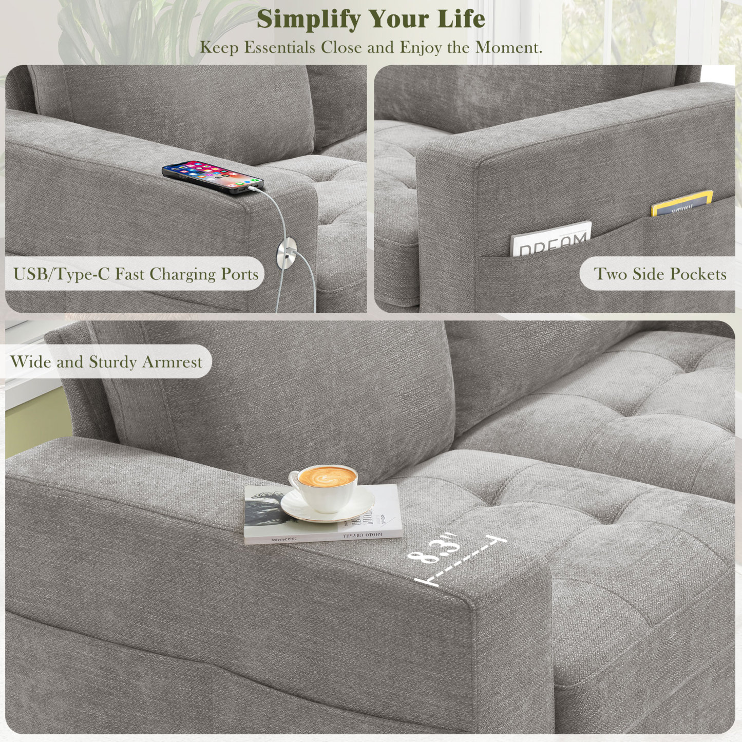 Classic 70" & 89" Modern Sofa with USB Charging