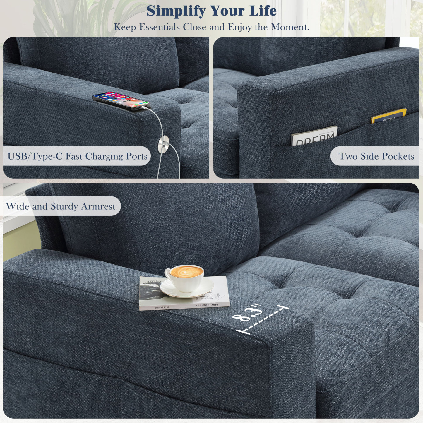 Classic 70" & 89" Modern Sofa with USB Charging