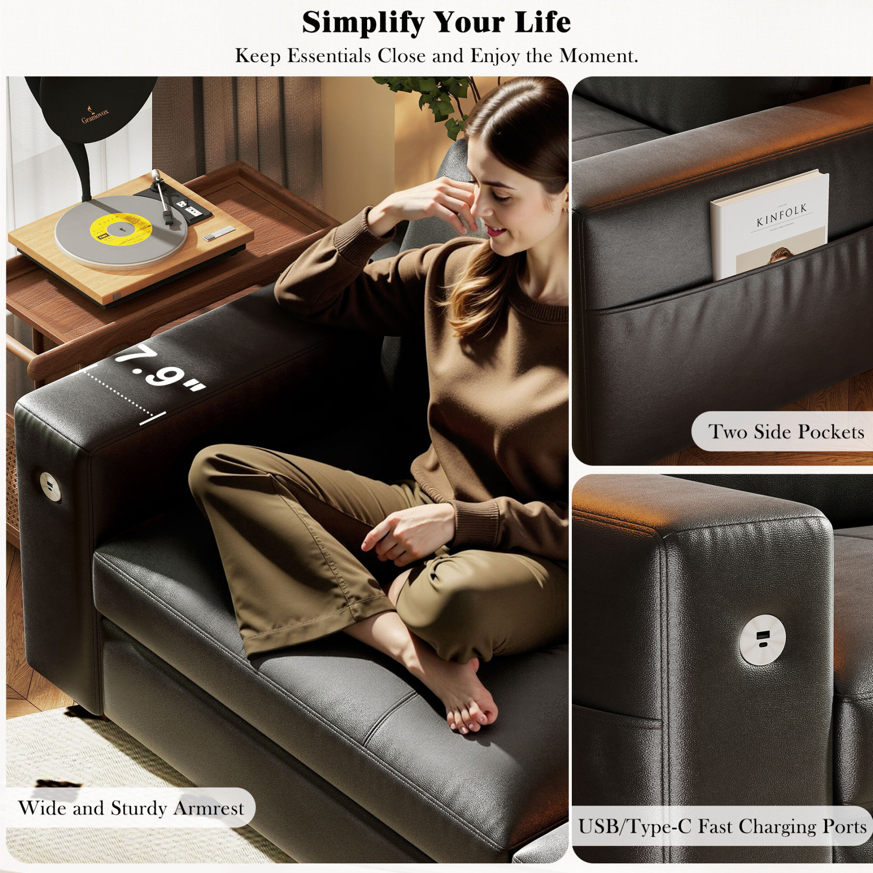 Classic 70" & 89" Modern Sofa with USB Charging