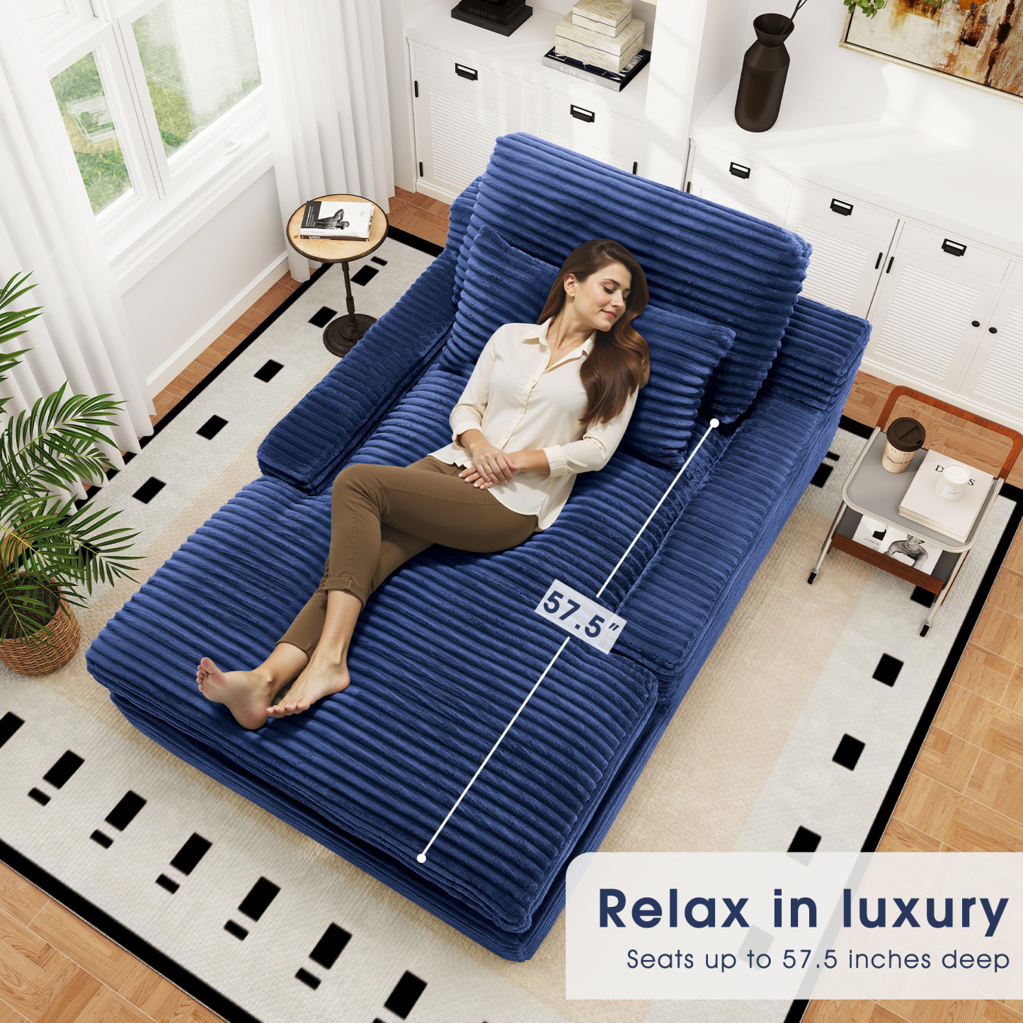 InstaPuff 57.5" Corduroy Modern Toffee Sleeper Chaise Lounger-Worthfurni