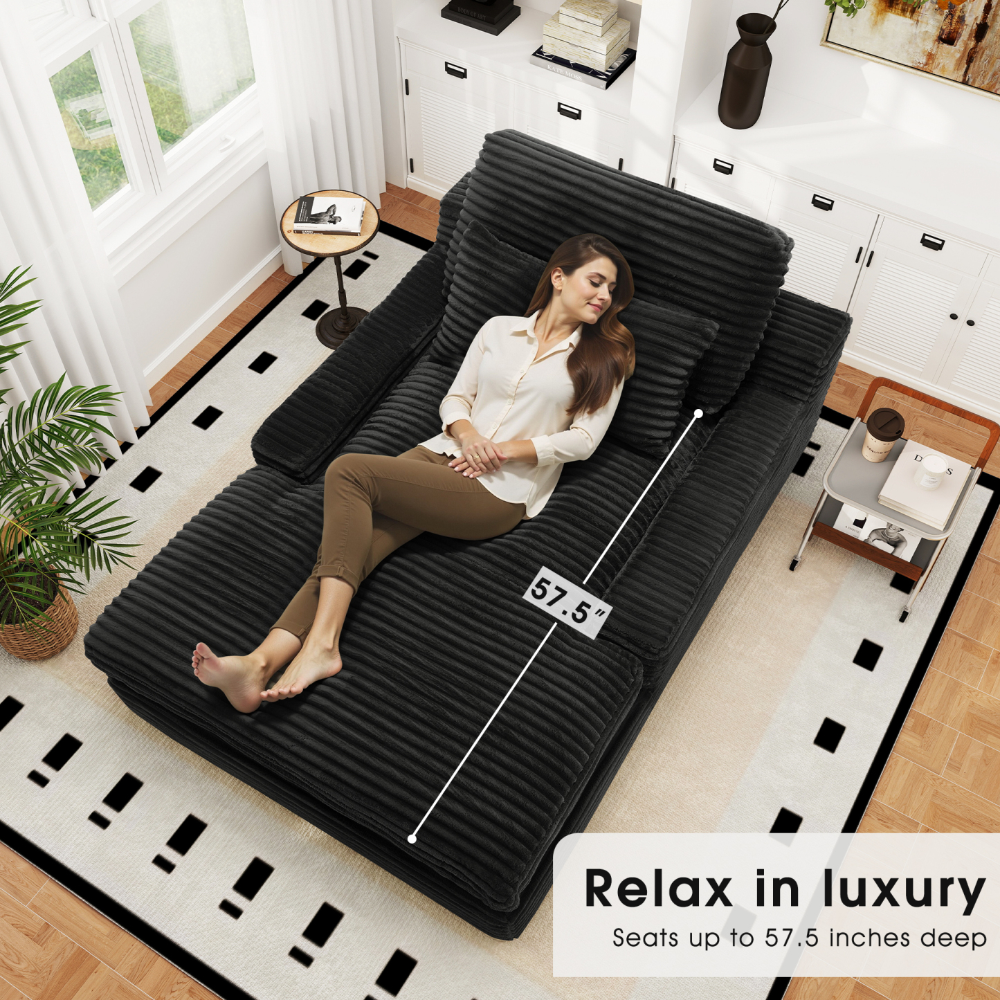 InstaPuff 57.5" Corduroy Modern Toffee Sleeper Chaise Lounger-Worthfurni