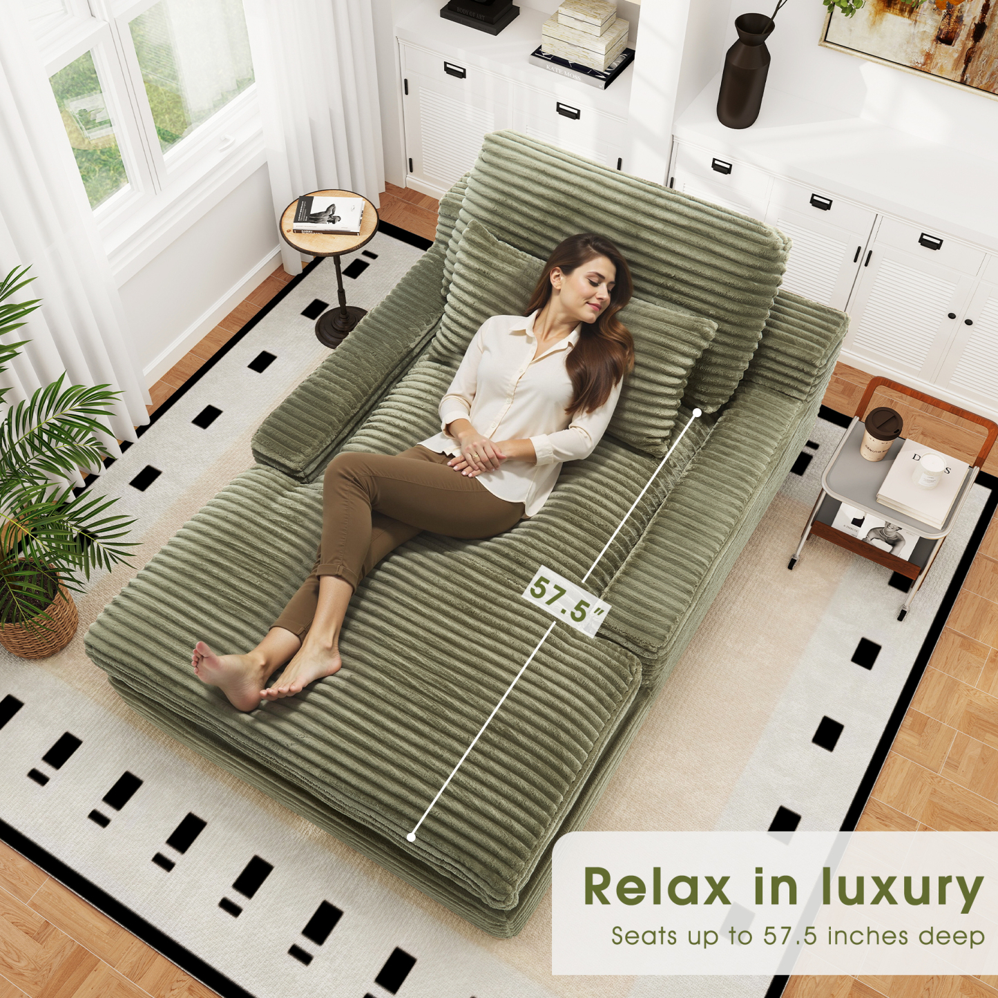 InstaPuff 57.5" Corduroy Modern Toffee Sleeper Chaise Lounger-Worthfurni