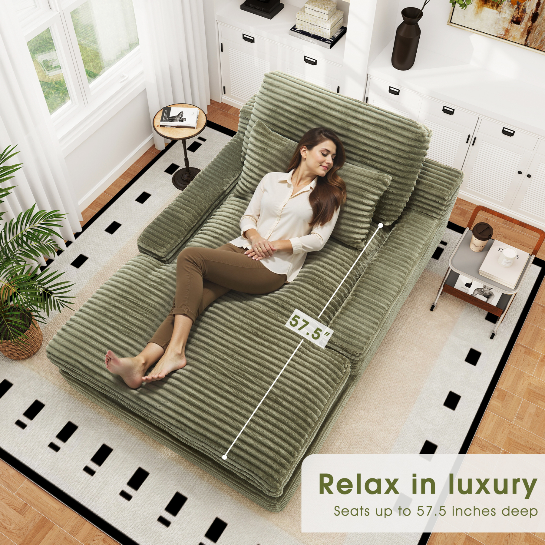 InstaPuff 57.5" Corduroy Modern Toffee Sleeper Chaise Lounger-Worthfurni