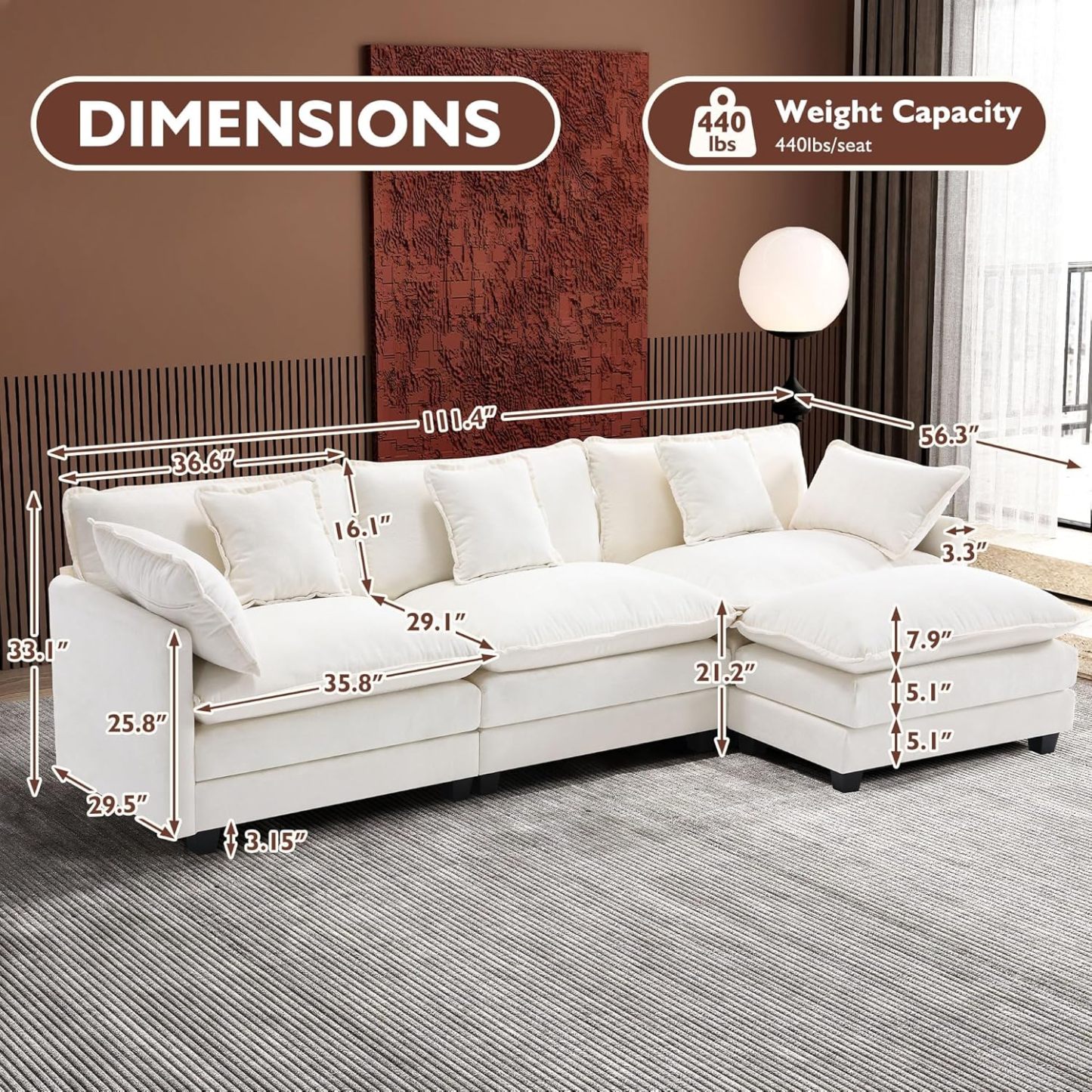 Cloudy 149.2'' Luxury Thickened Cushion Sectional Sofa