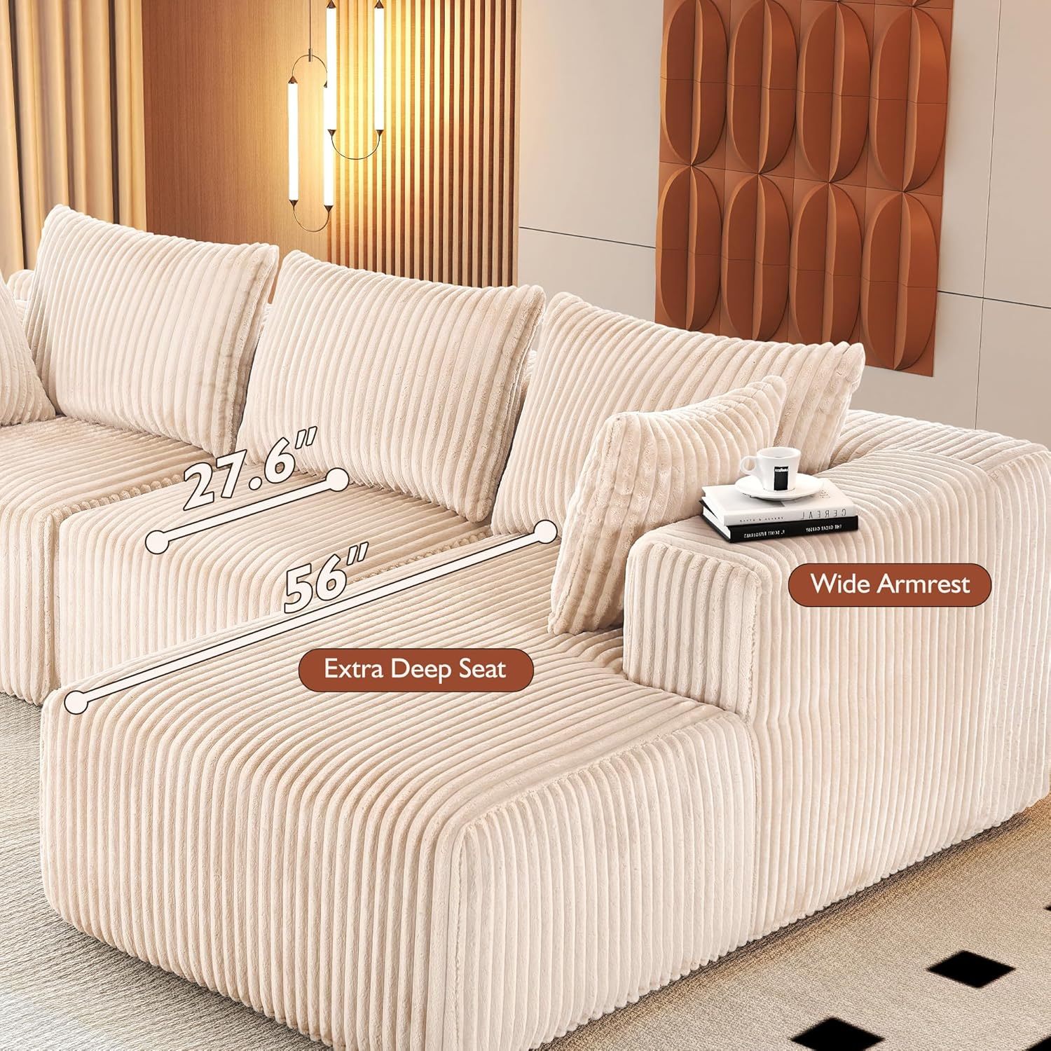 InstaPuff 102" Plush Corduroy free-installation sofa with Chaise