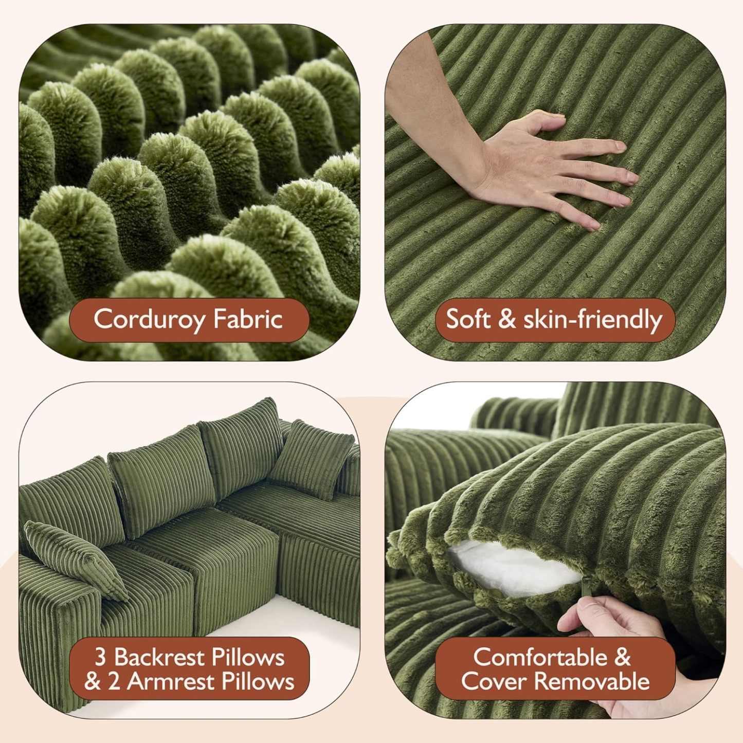 InstaPuff 102" Plush Corduroy free-installation sofa with Chaise
