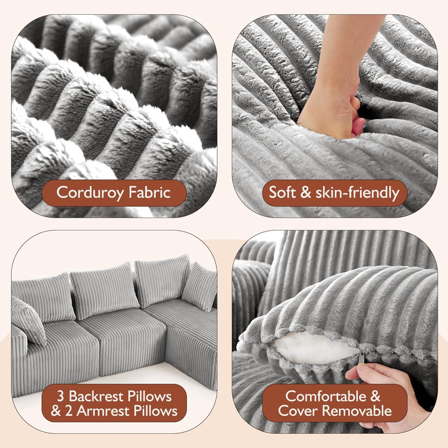 InstaPuff 102" Plush Corduroy free-installation sofa with Chaise