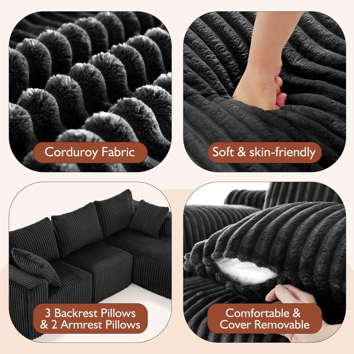 InstaPuff 102" Plush Corduroy free-installation sofa with Chaise