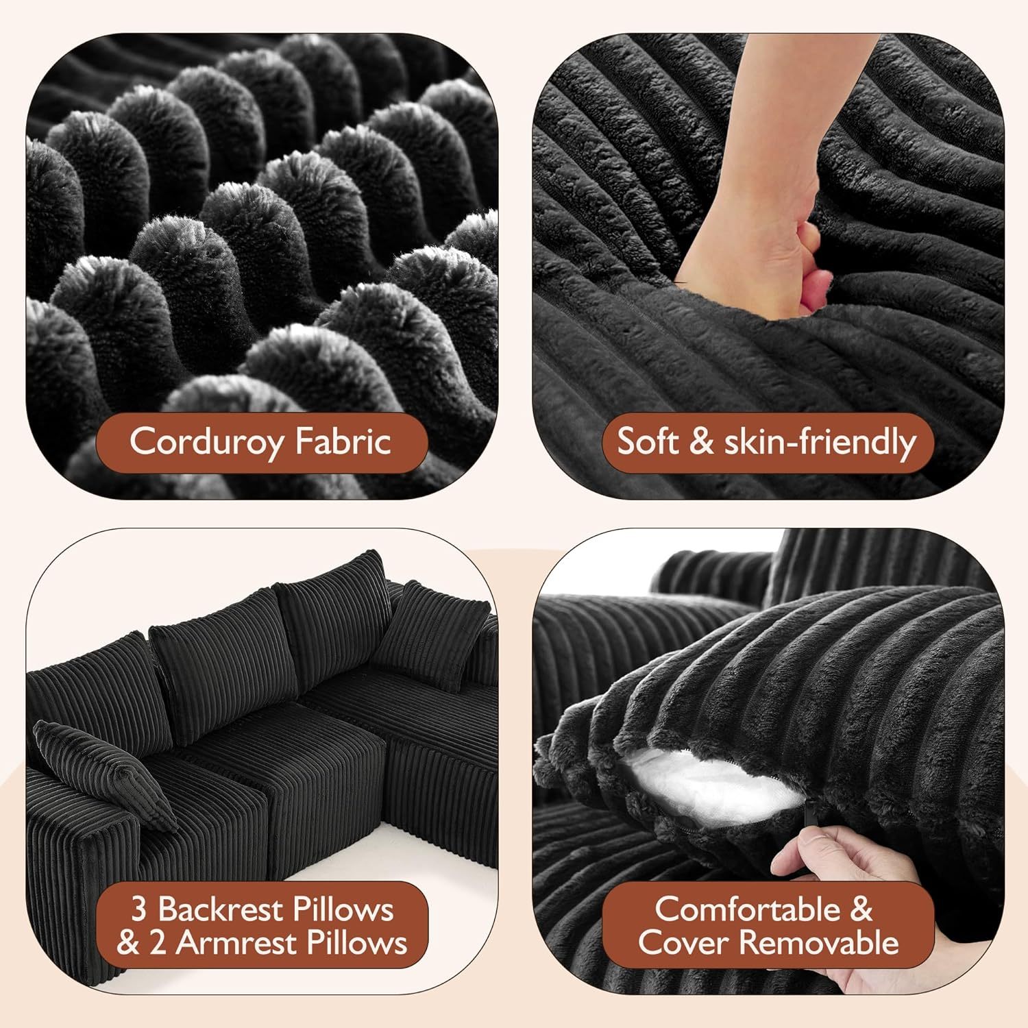 InstaPuff 102" Plush Corduroy free-installation sofa with Chaise