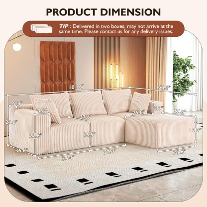 InstaPuff 102" Plush Corduroy free-installation sofa with Chaise