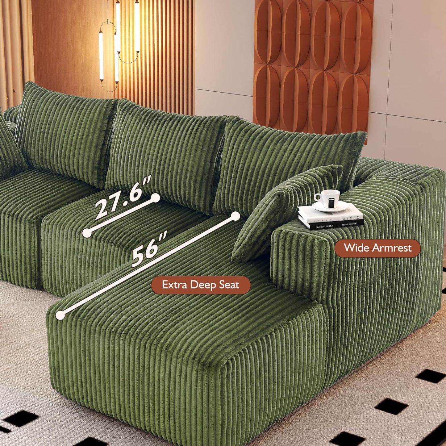 InstaPuff 102" Plush Corduroy free-installation sofa with Chaise