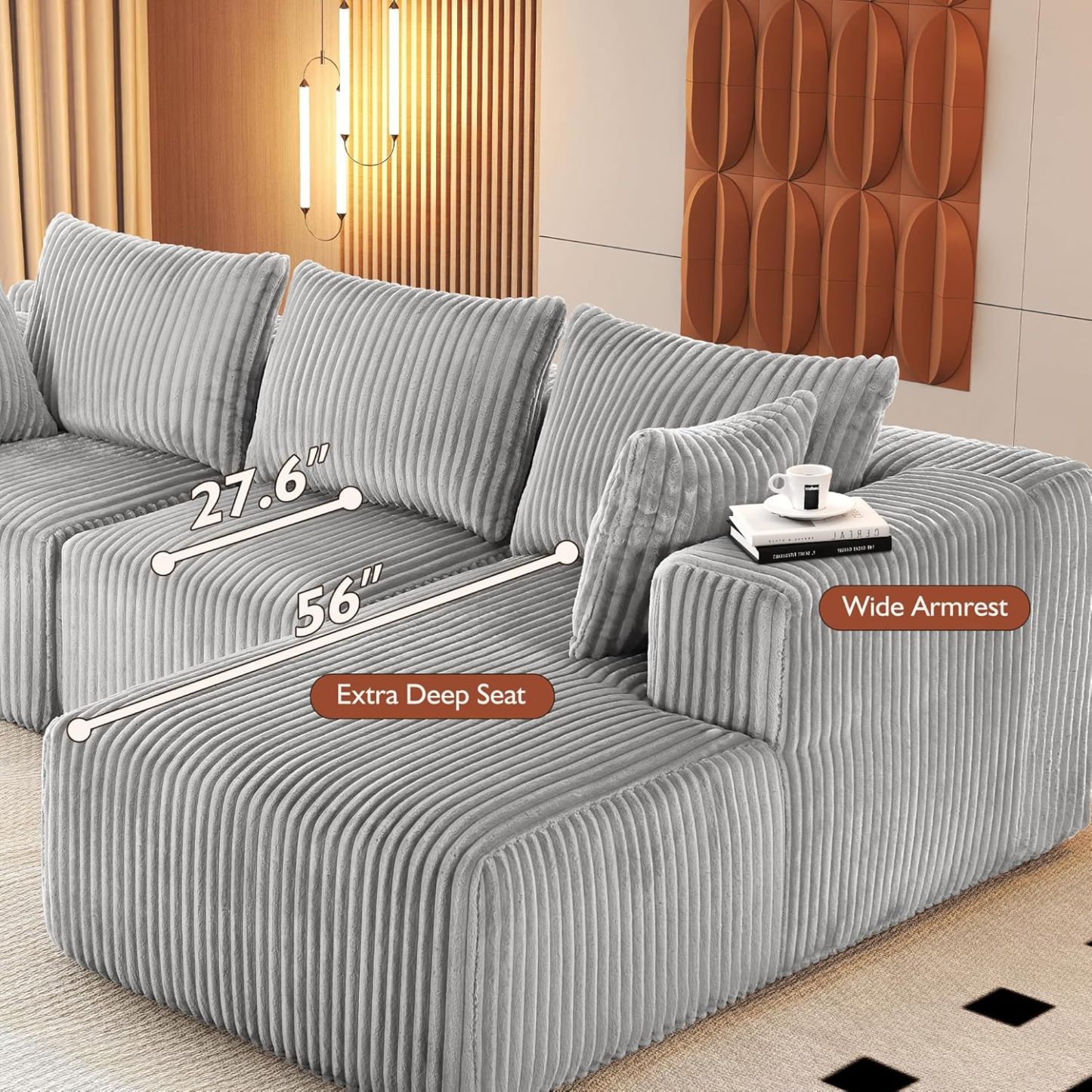 InstaPuff 102" Plush Corduroy free-installation sofa with Chaise