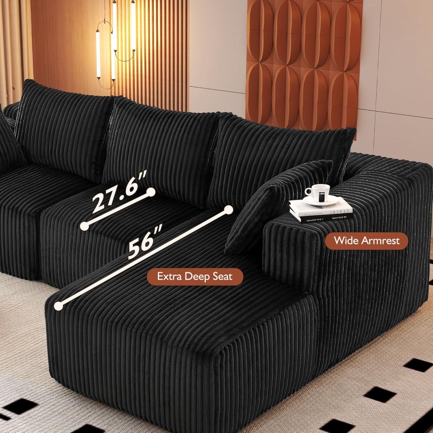 InstaPuff 102" Plush Corduroy free-installation sofa with Chaise