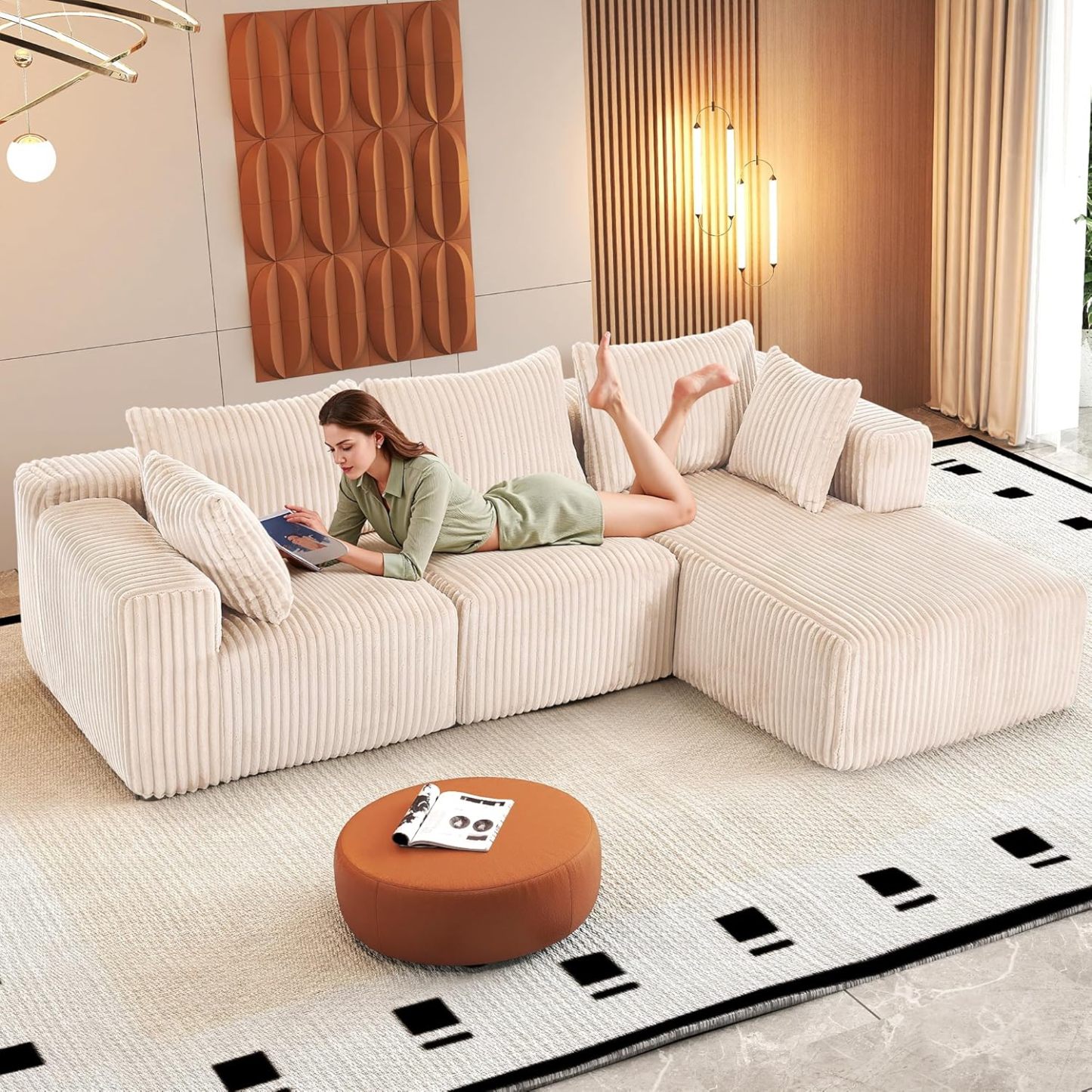 InstaPuff 102" Plush Corduroy free-installation sofa with Chaise