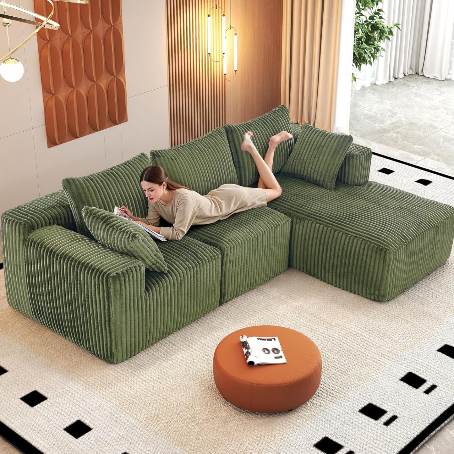 InstaPuff 102" Plush Corduroy free-installation sofa with Chaise