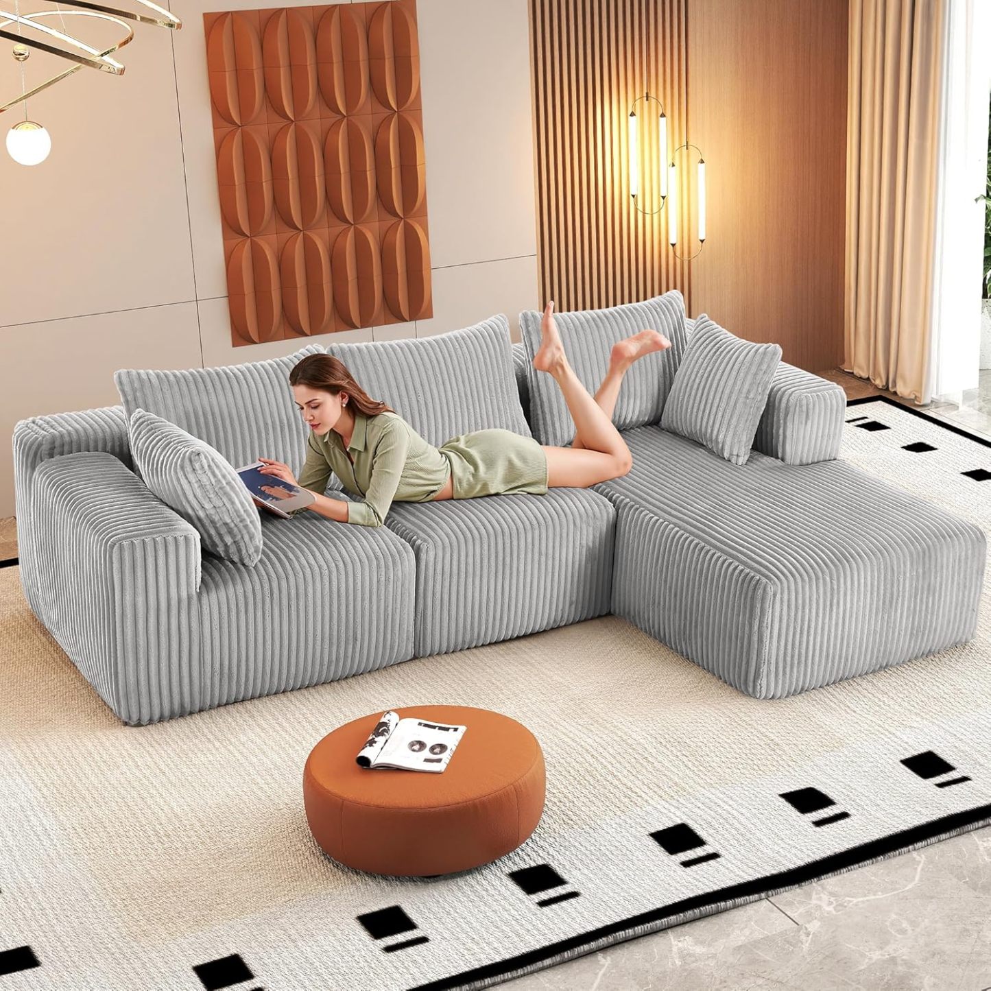 InstaPuff 102" Plush Corduroy free-installation sofa with Chaise