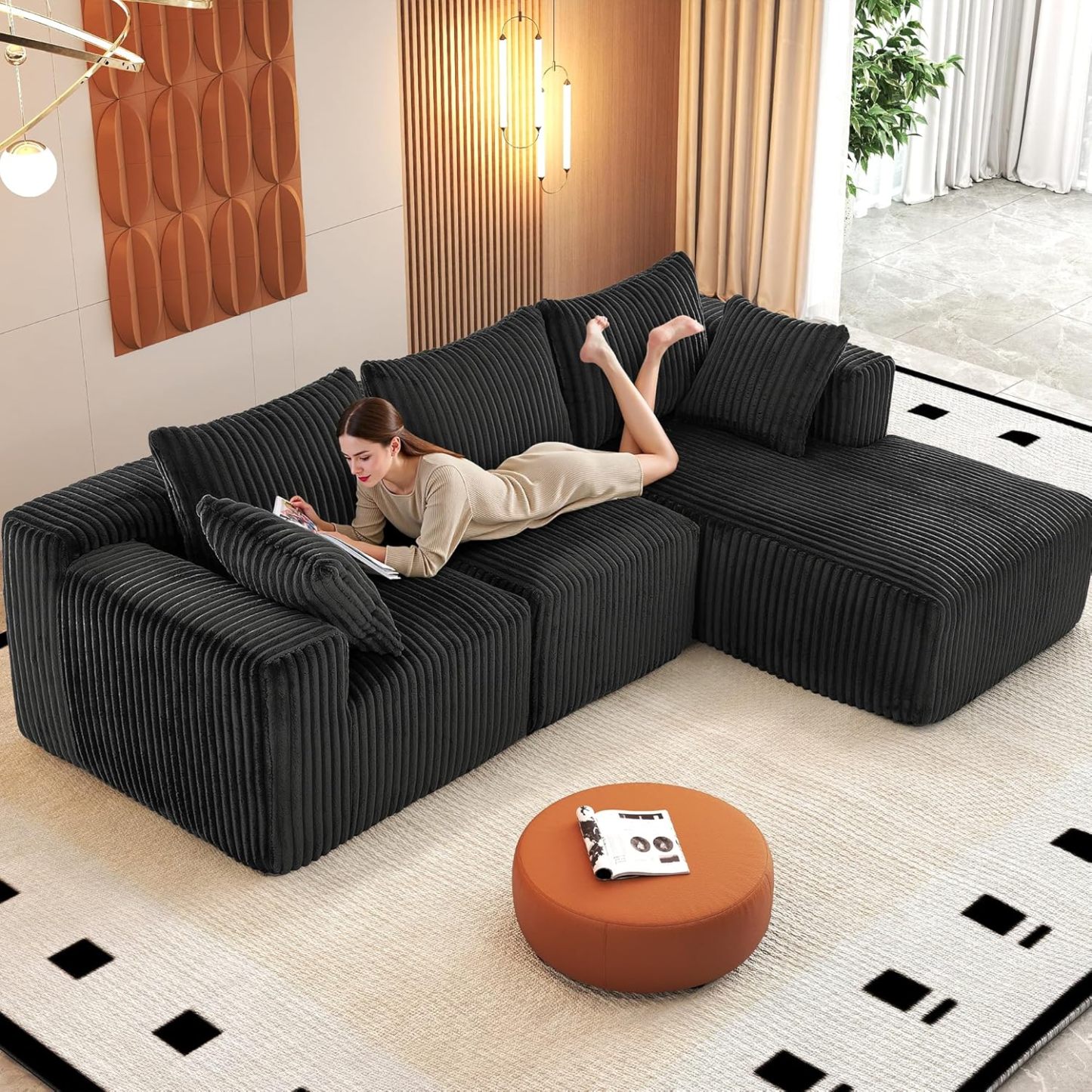 InstaPuff 102" Plush Corduroy free-installation sofa with Chaise