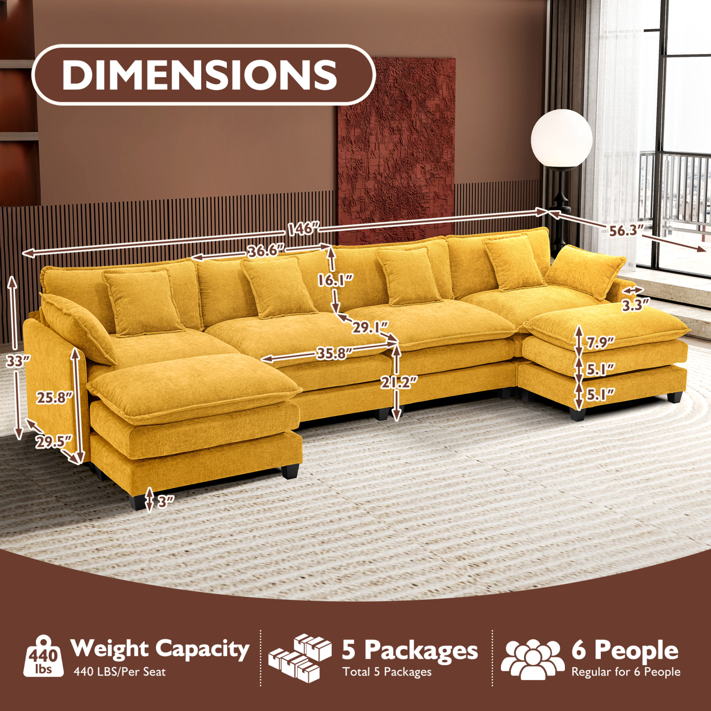 Cloudy 149.2'' Luxury Thickened Cushion Sectional Sofa