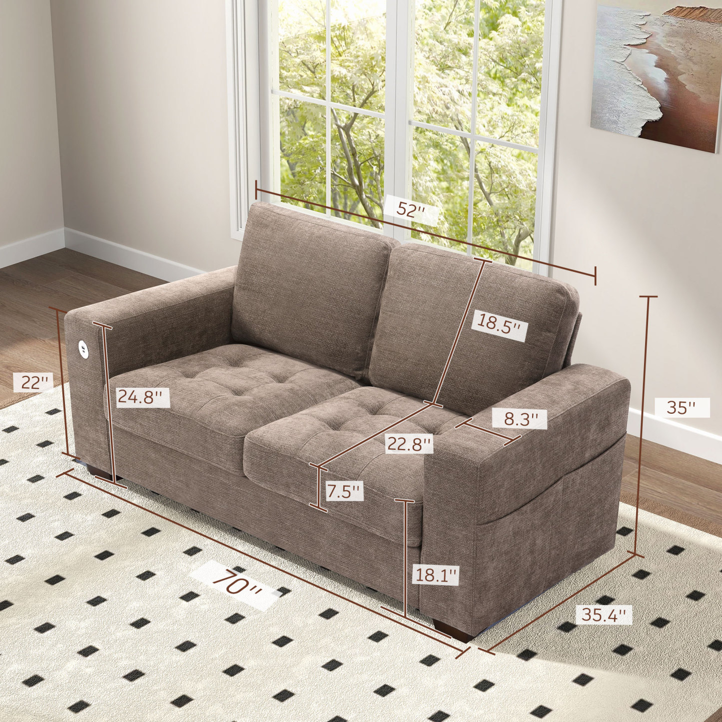 Classic 70" & 89" Modern Sofa with USB Charging
