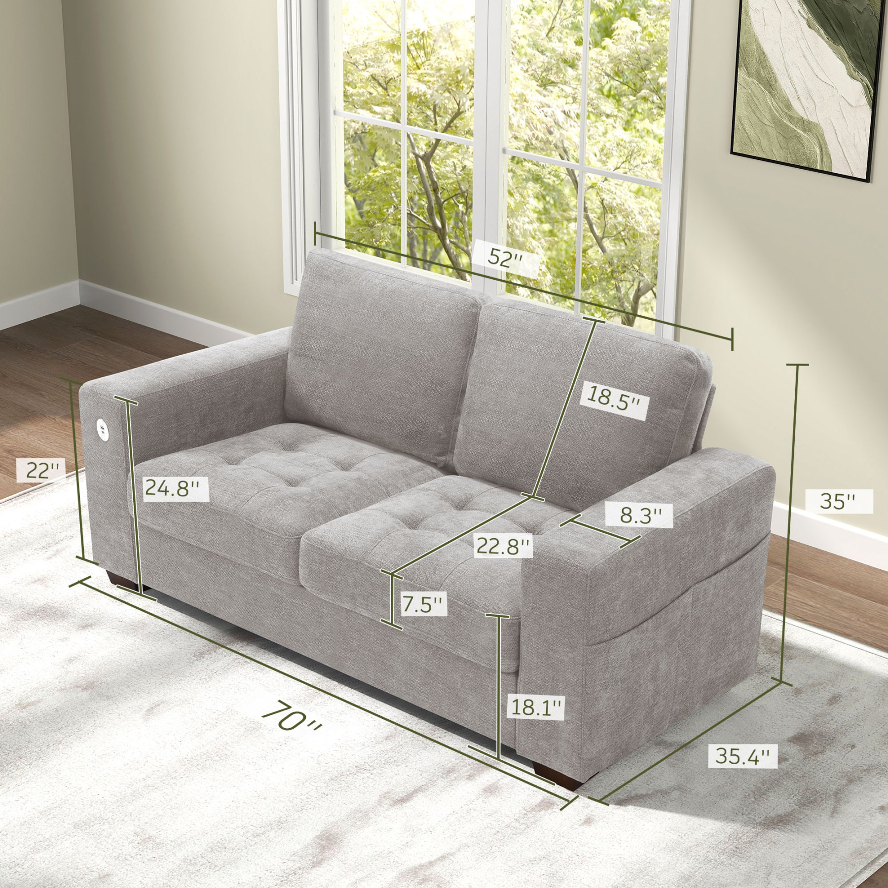 Classic 70" & 89" Modern Sofa with USB Charging