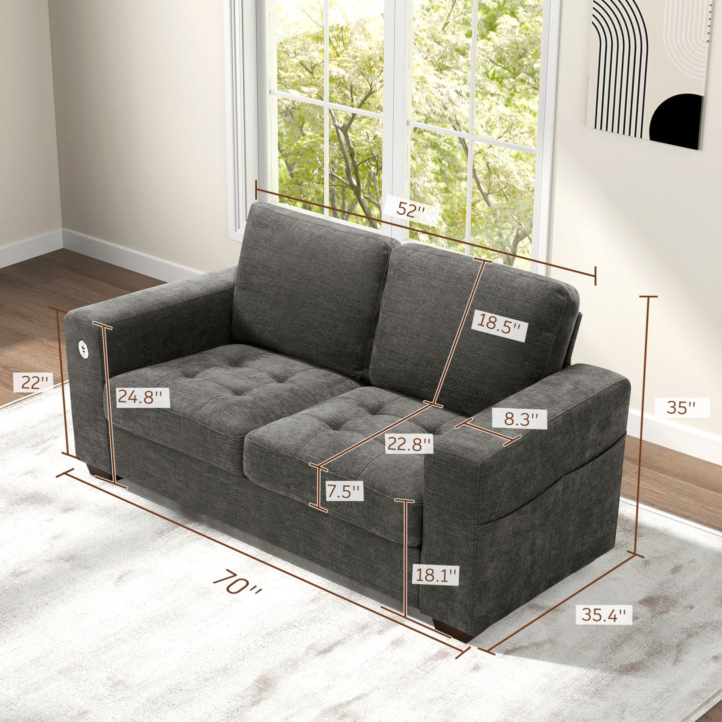 Classic 70" & 89" Modern Sofa with USB Charging