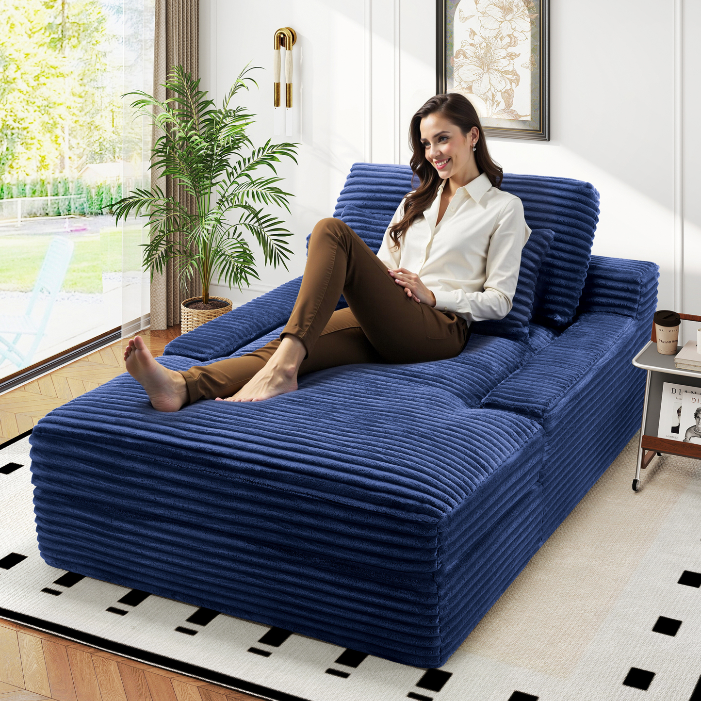 InstaPuff 57.5" Corduroy Modern Toffee Sleeper Chaise Lounger-Worthfurni