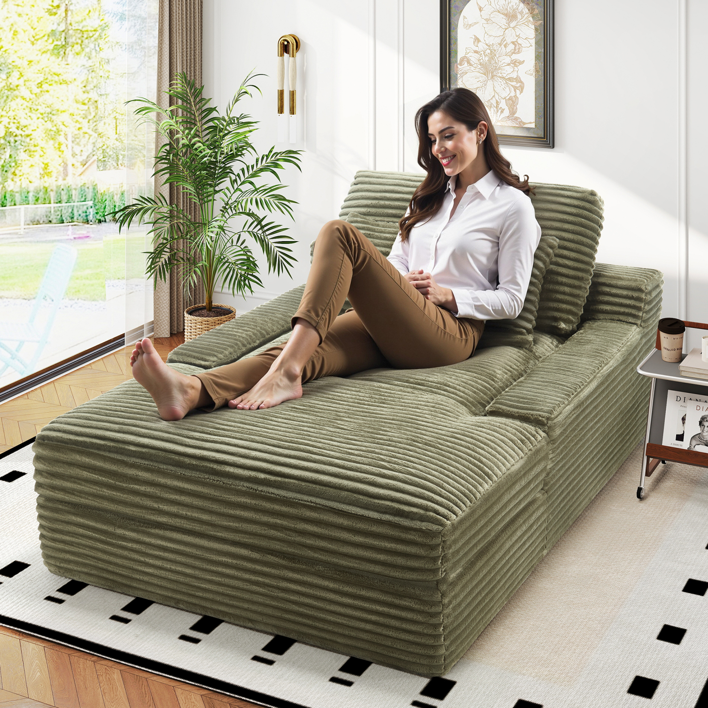 InstaPuff 57.5" Corduroy Modern Toffee Sleeper Chaise Lounger-Worthfurni
