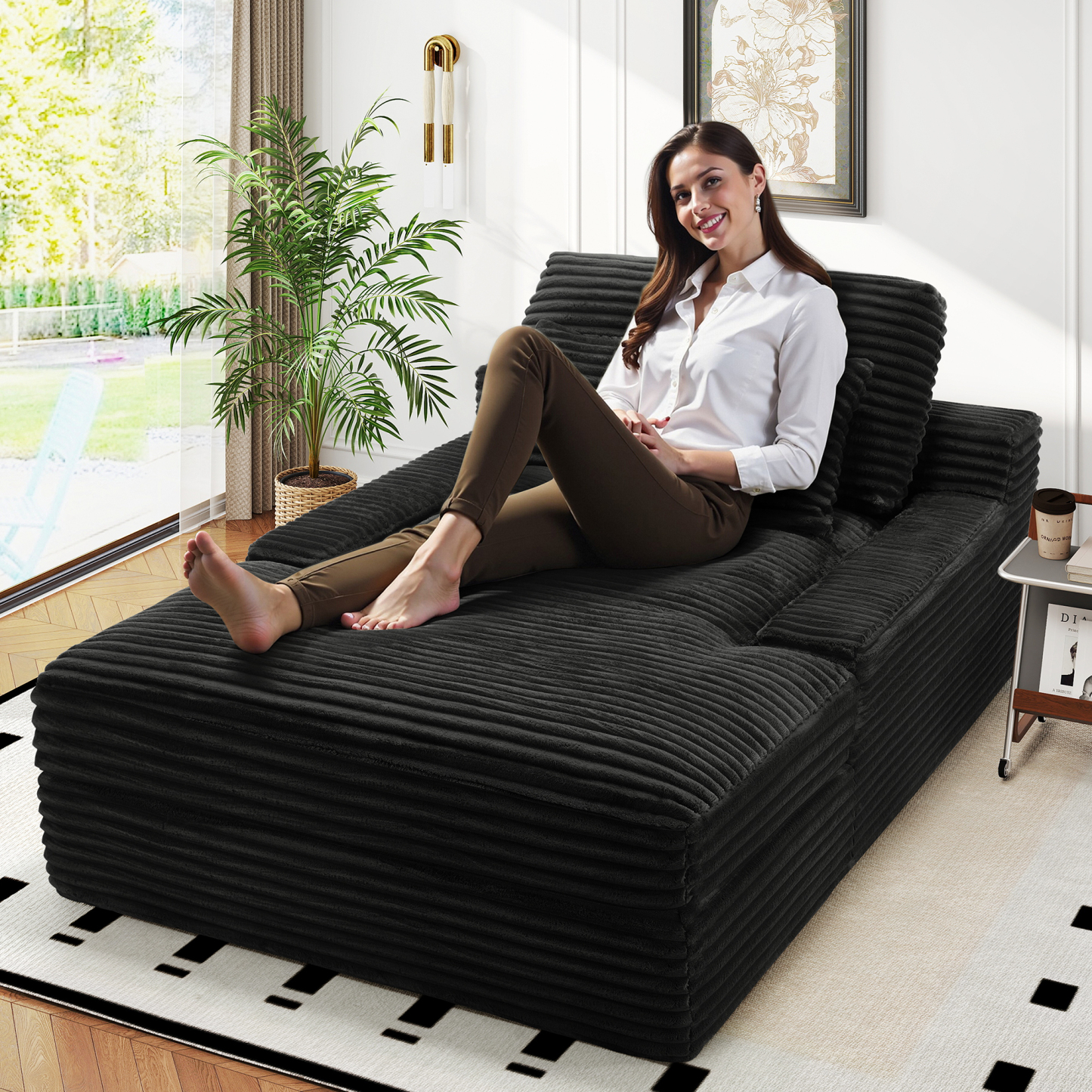 InstaPuff 57.5" Corduroy Modern Toffee Sleeper Chaise Lounger-Worthfurni