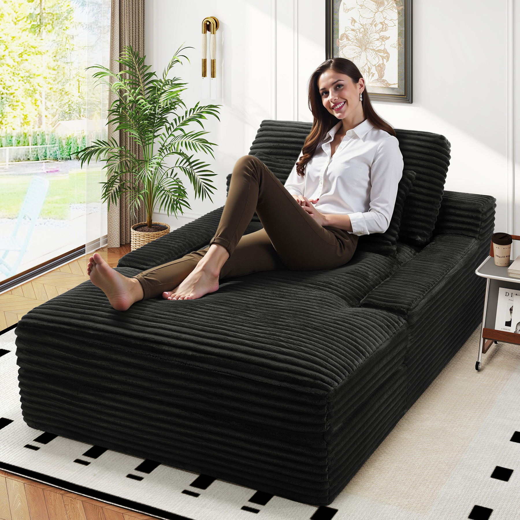 InstaPuff 57.5" Corduroy Modern Toffee Sleeper Chaise Lounger-Worthfurni