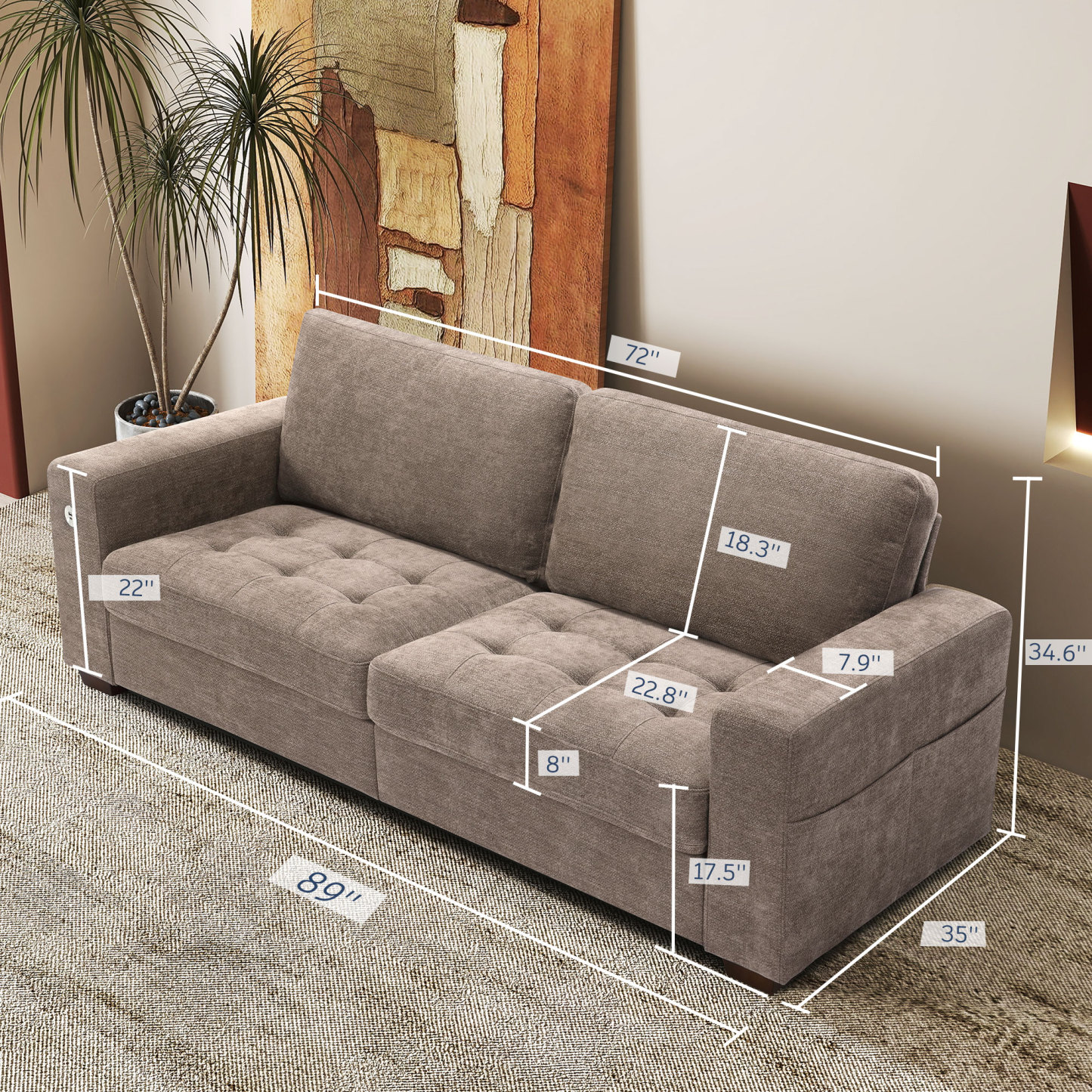 Classic 70" & 89" Modern Sofa with USB Charging