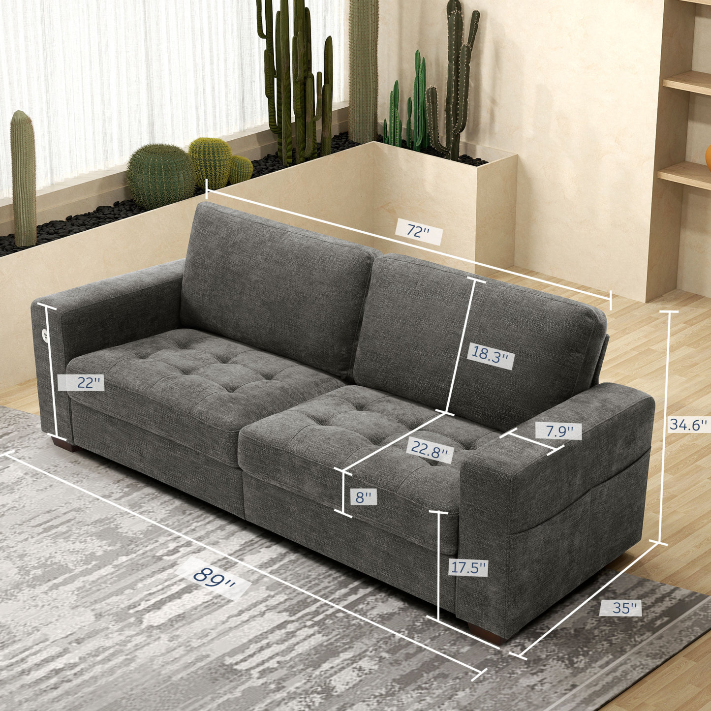 Classic 70" & 89" Modern Sofa with USB Charging