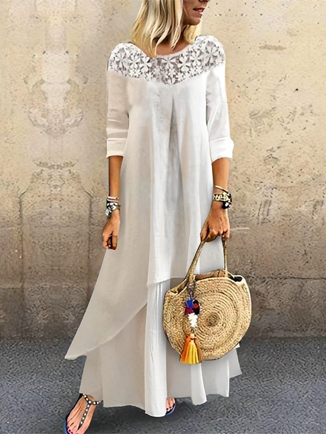 Women's Casual Dress Cotton Linen Dress Tiered Dress Maxi long Dress C